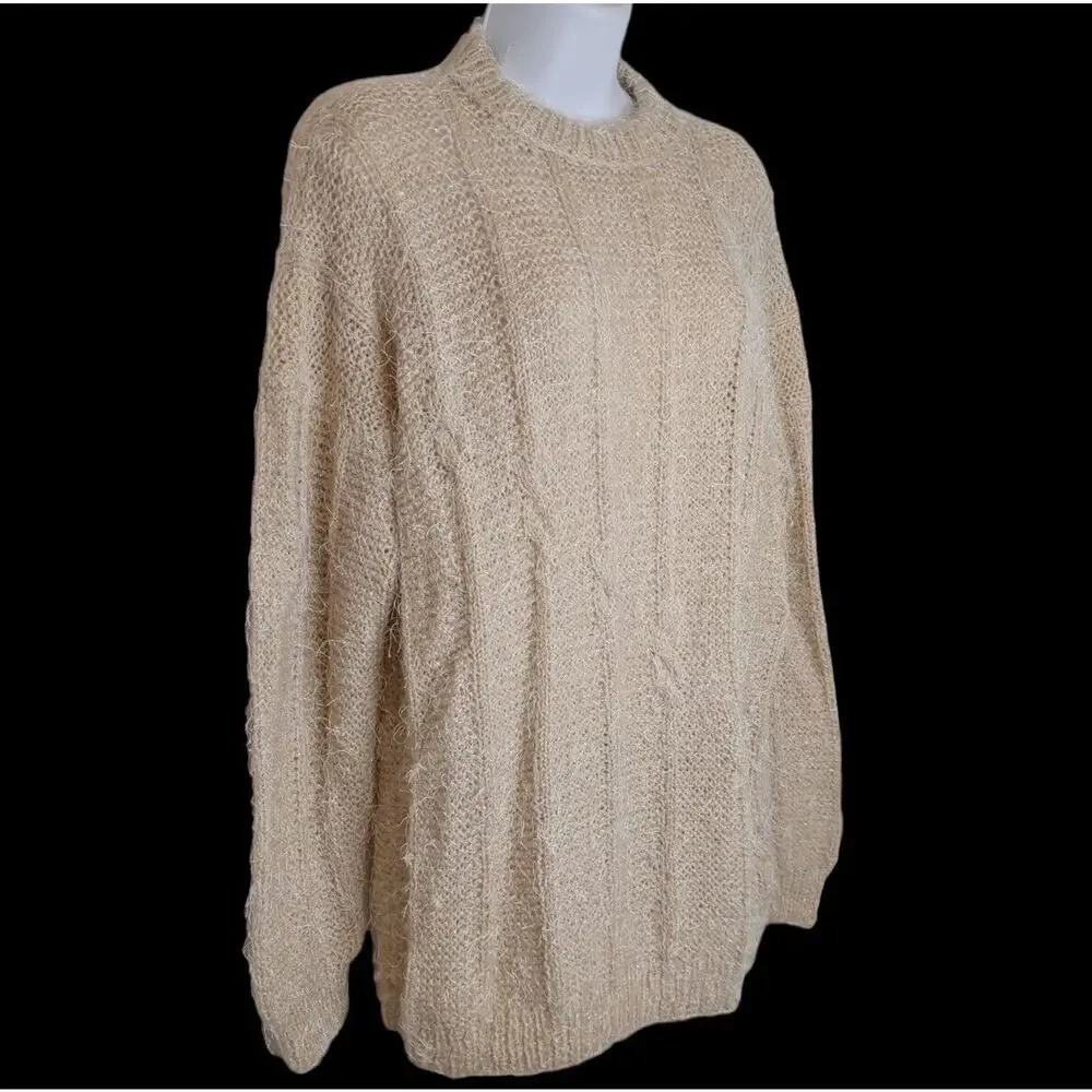 Women's M/L Hand Knit Handmade Pullover Sweater Beige Eyelash Cable‎ Mock Neck